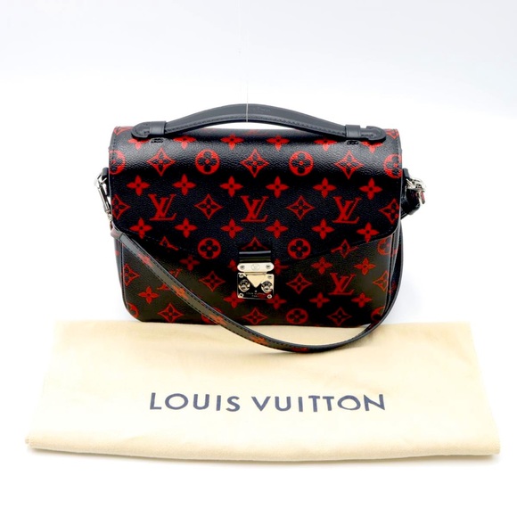 On-trend silhouette meets the iconic preloved Louis Vuitton monogram print  in this edgy Infrarouge rendition of the stylish Pochette Metis.…